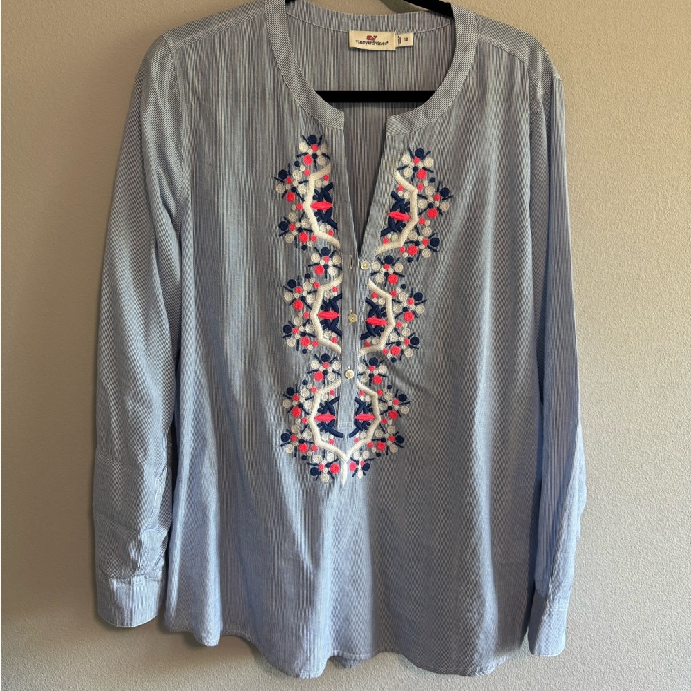 Vineyard Vines Blue Embellished Long Sleeve Blouse
